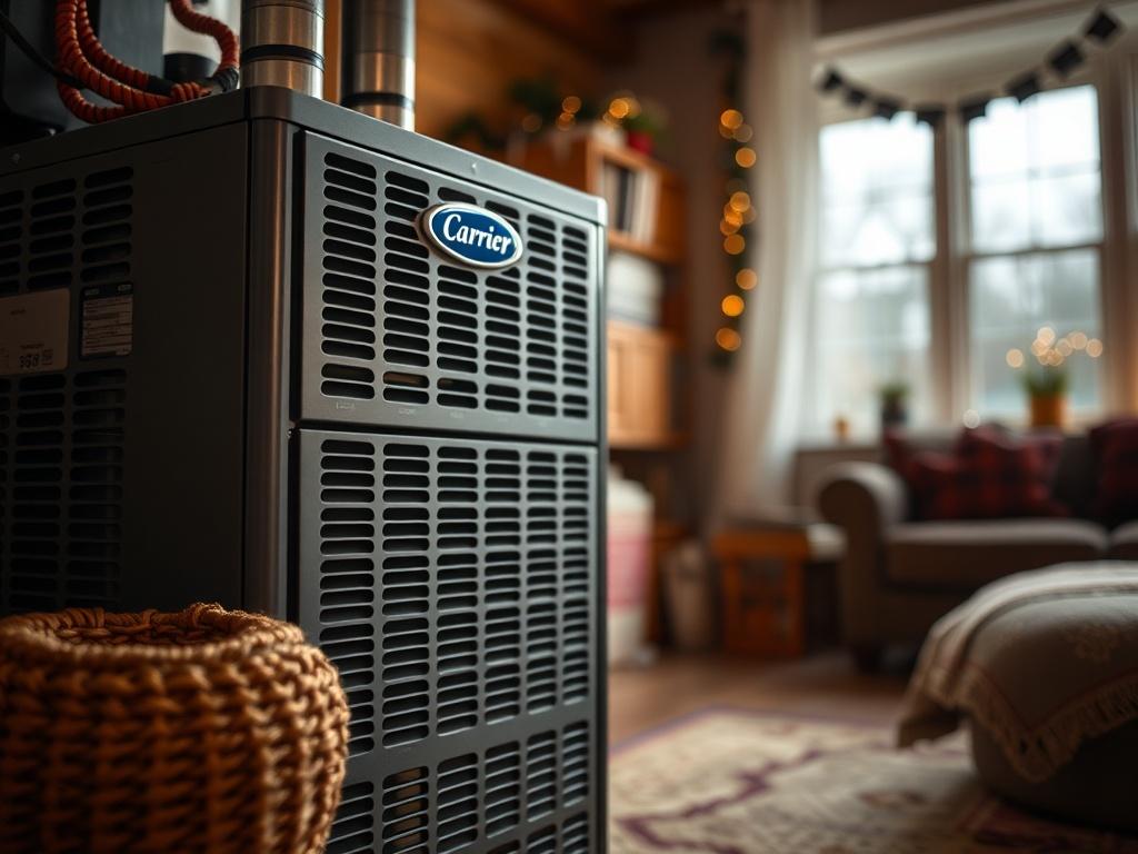 A close-up shot of a Carrier Infinity 98 Gas Furnace, displaying its modern design and premium features. Set in a cozy home environment, the image captures the essence of warmth and comfort, emphasizing the product's efficiency. The composition should be hyper-realistic, taken with a 45mm f/1.2 lens to highlight intricate details and create an inviting atmosphere.