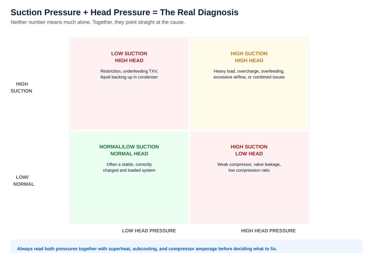 Suction pressure versus head pressure quadrant diagnostic chart