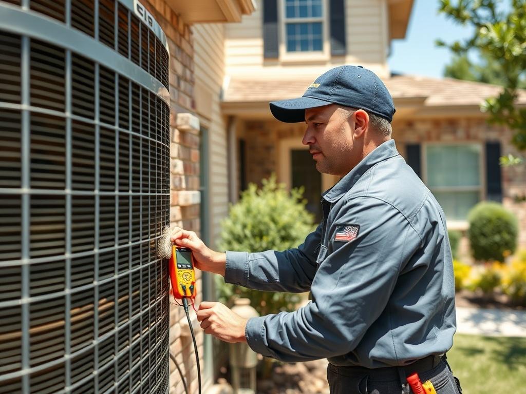 **AI Image Generation Prompt:**

Create a realistic, high-resolution photo featuring a single, engaged HVAC technician performing routine maintenance on a residential central air conditioning unit outside a typical Cypress, TX home. The technician should be clad in a uniform, equipped with tools such as a multimeter and a cleaning brush, diligently cleaning the dirty condenser coils. The home should have a distinctive Texas architectural style, showcasing a warm, inviting exterior with a well-kept lawn and 