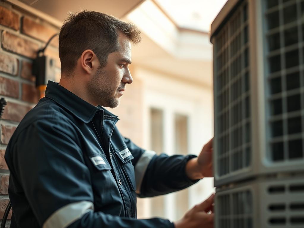 A hyper-realistic close-up shot of a professional HVAC technician checking a modern air conditioning unit in a residential setting. The technician is wearing a branded uniform and focused on the equipment. The background is softly blurred to emphasize the technician and the unit, with natural lighting highlighting the scene. The colors are vibrant, capturing the essence of warmth and comfort.