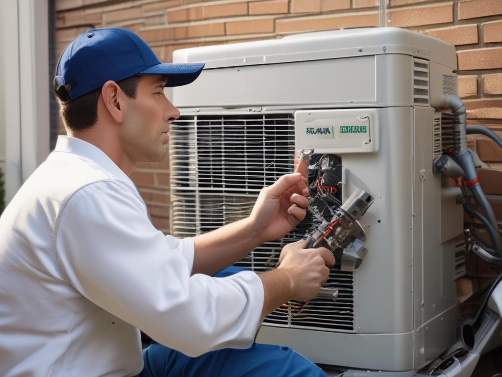A close-up shot of a certified HVAC technician repairing an air conditioning unit in a residential setting. The technician is focused and examining the unit, showcasing tools in hand. The background features a well-maintained home exterior in Breckenridge Forest, with greenery and a clear blue sky, creating a sense of professionalism and reliability. The image is hyper-realistic, captured with a 45mm f/1.2 lens to emphasize the technician and the AC unit, with a soft blur on the background.