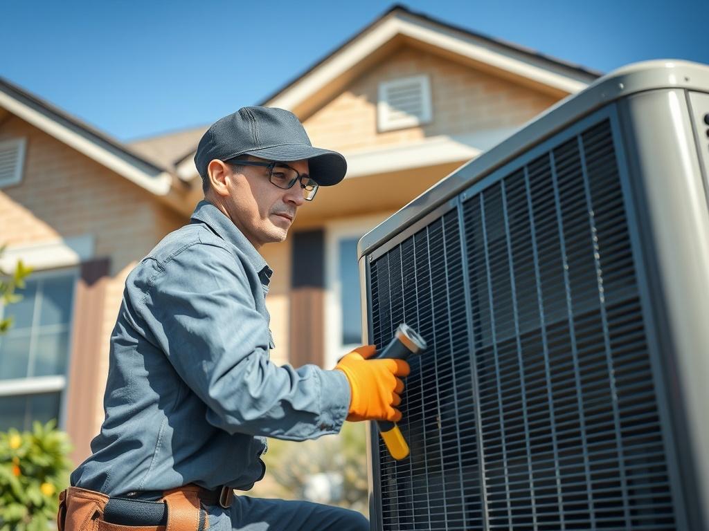 **AI Image Generation Prompt:**

Create a realistic high-resolution photo representing HVAC system maintenance in Texas. Center the composition on a professional HVAC technician working on an air conditioning unit outdoors. The technician should be in mid-action, examining the unit with focused attention while holding tools, wearing protective gear, and showing a look of expertise.

The background should depict a residential setting in Texas, featuring a well-maintained home with a clear blue sky. The envir