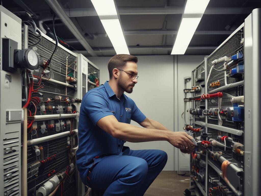 A close-up shot of a technician performing maintenance on an HVAC system in a well-organized utility room. The technician is carefully checking components, with tools laid out neatly nearby. The background should convey a sense of professionalism and cleanliness, with visible HVAC equipment and a well-kept environment.