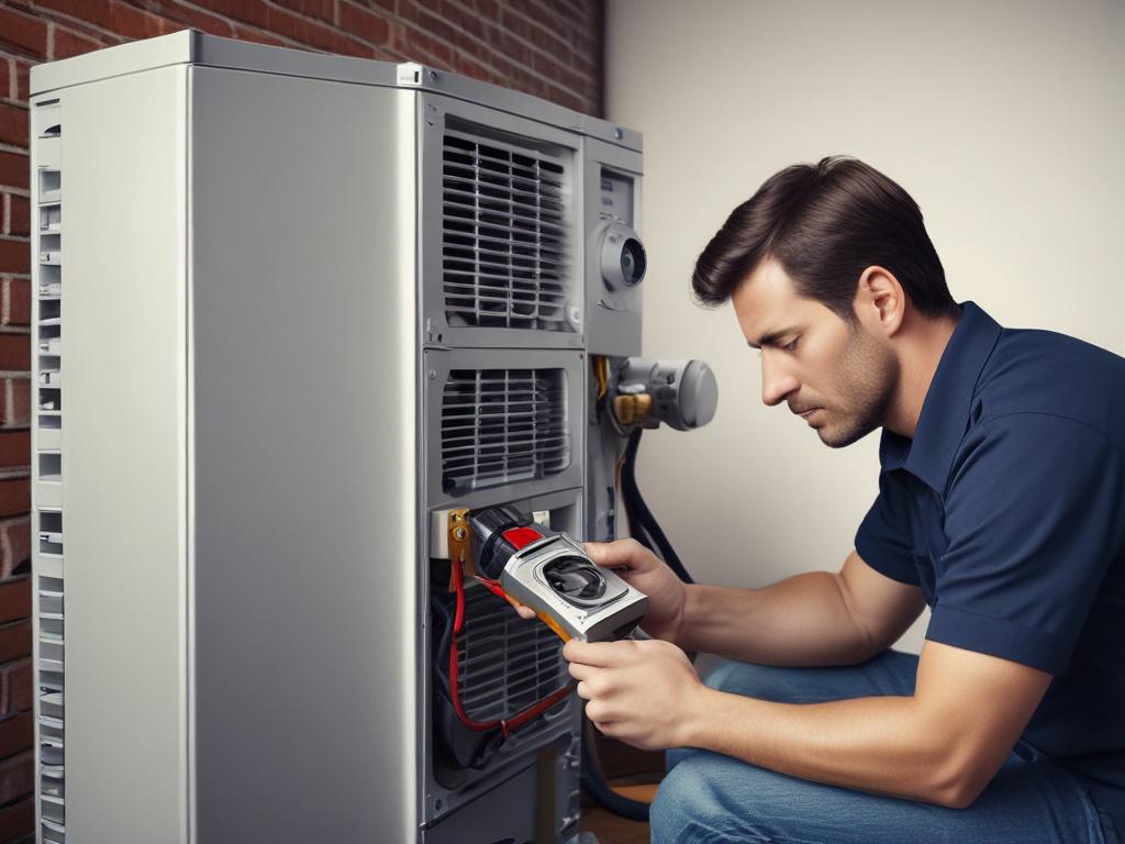 A close-up shot of a technician repairing a heating unit in a residential setting. The technician is examining the unit with tools in hand, showcasing a professional demeanor. The background should include elements of a cozy home environment, with warm lighting and subtle decor, highlighting the importance of warmth and comfort.