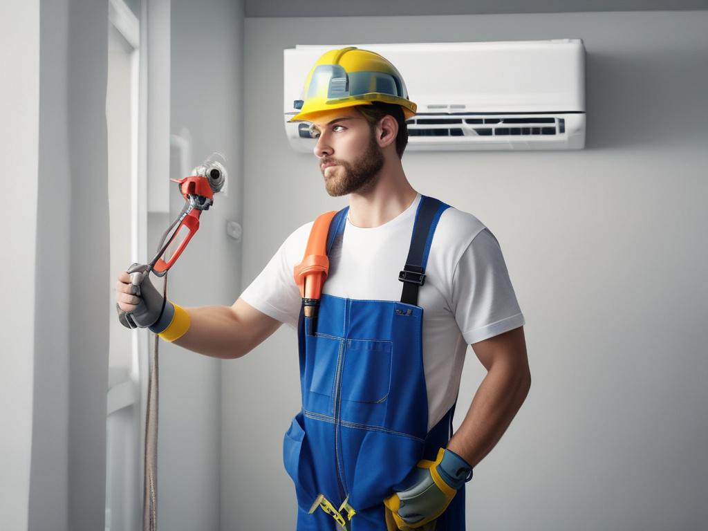A close-up shot of a professional technician installing an air conditioning unit in a bright, well-lit room. The technician is focused and wearing safety gear, surrounded by tools and components. The background should be a clean, modern interior space with a hint of sunlight coming through a window, emphasizing a sense of professionalism and quality.
