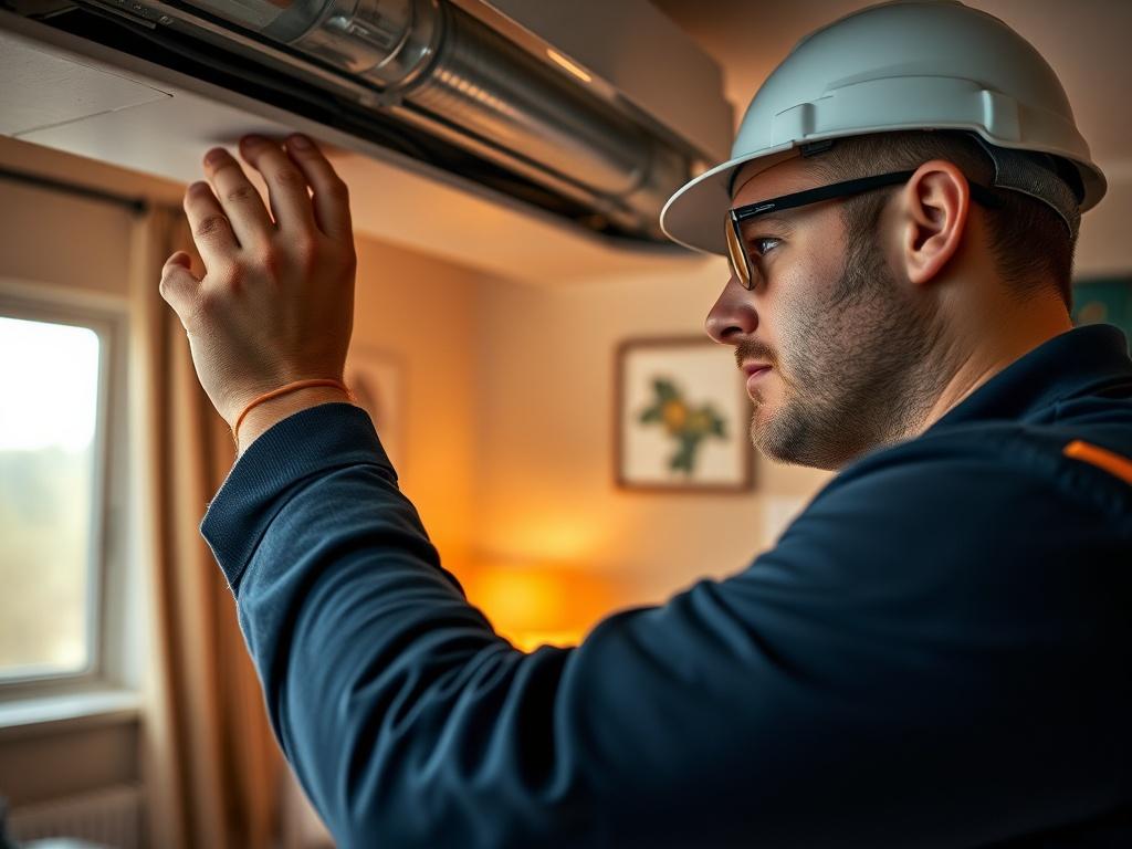 A close-up shot of a professional technician installing a heating system in a cozy home environment. The technician is focused on the task, with tools in hand. The background shows a warm, inviting living room with a thermostat and heating vents visible. The lighting is warm to evoke comfort and reliability.