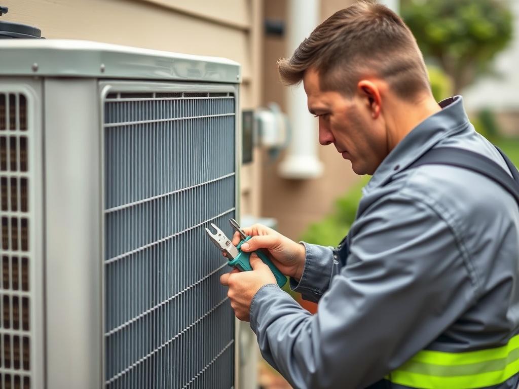 A close-up shot of a technician performing maintenance on an HVAC unit outside a home. The technician is inspecting components with tools in hand, showcasing professionalism and attention to detail. The background includes a well-maintained outdoor area with greenery.