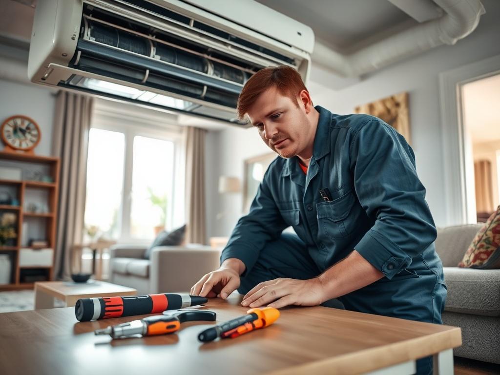 A close-up shot of a technician diagnosing an air conditioning unit inside a home. Tools are spread out on a nearby surface, and the technician shows focus and expertise. The background includes visible air ducts and a comfortable living room setting with natural light.