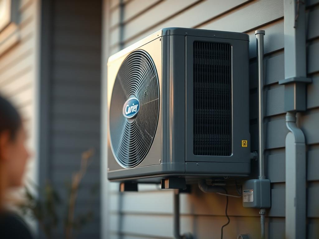 A close-up shot of a high-efficiency Trane or Carrier HVAC unit installed in a residential setting, showcasing its sleek design and high-quality build. The background should be slightly blurred, emphasizing the unit as the focal point. The image should convey a sense of innovation and reliability, with warm lighting that complements the home environment, compatible with the rgb(2, 86, 197) primary color.