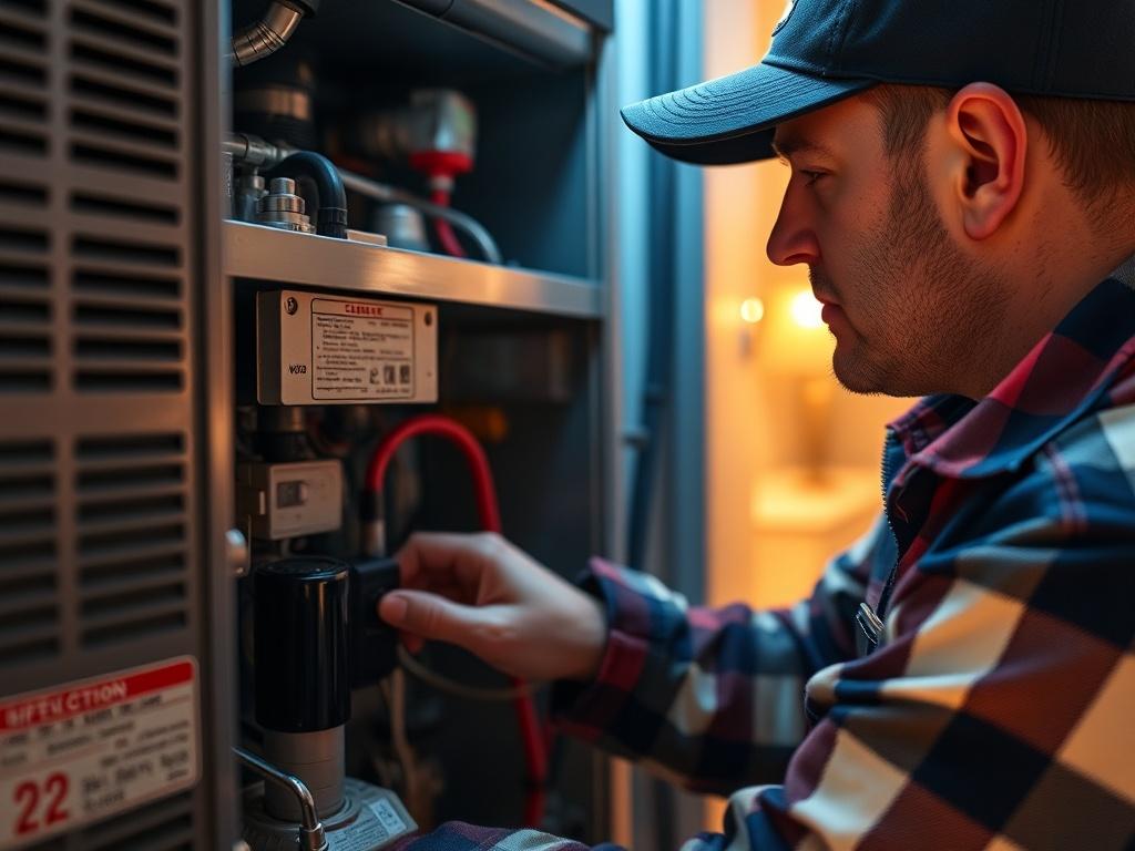 A close-up shot of a licensed HVAC technician working on a heating system in a residential setting, showcasing a focus on professionalism and quality. The background should be subtly blurred to emphasize the technician and the equipment. The lighting should be warm and inviting, reflecting a comfortable indoor environment, compatible with the rgb(2, 86, 197) primary color.