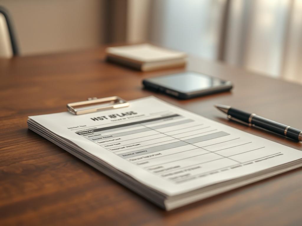A close-up shot of a sleek, modern HVAC intake form on a wooden desk, with a pen placed beside it. The form should be neatly filled out with clear, legible handwriting, showcasing professionalism. The background should be softly blurred, focusing on the form, with warm lighting to create an inviting atmosphere. The overall color scheme should complement the primary color rgb(2, 86, 197), highlighting the importance of the form in the HVAC service process.