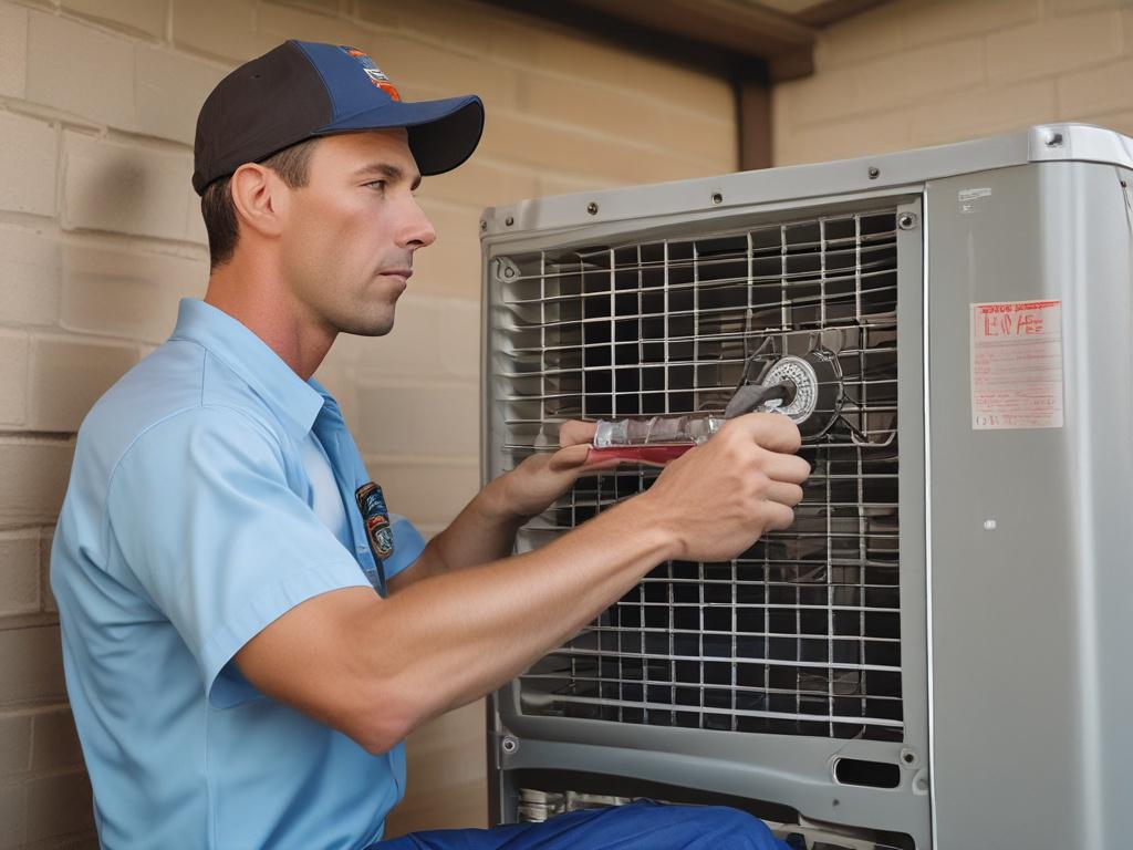 A close-up shot of a professional HVAC technician examining a residential air conditioning unit in a Fox Run, Spring TX home. The technician is wearing a branded uniform and has a focused expression, showcasing expertise and reliability. The background is a clean, residential environment with a well-maintained AC unit visible. The lighting is bright and clear, emphasizing the technician's work and the functionality of the AC unit. The image should convey a sense of urgency and professionalism, compatible wi