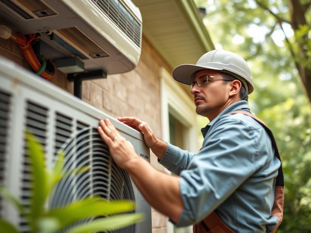 A close-up of an HVAC technician installing a modern air conditioning unit outside a beautiful home in The Woodlands. The technician is focused and professional, showcasing high-quality equipment. The background features lush greenery typical of The Woodlands, highlighting the importance of cooling solutions in hot weather.