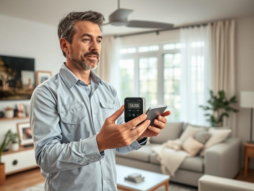 A close-up of an air quality technician demonstrating an air purification system inside a modern living room in Cypress. The technician is explaining the features while holding the device, with a focus on the clean, airy environment. The background includes family photos and a well-lit space, emphasizing comfort and health.