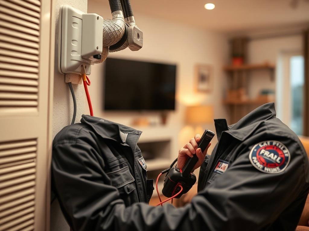 A close-up of a professional HVAC technician inspecting a residential heating system in a cozy home setting. The technician is wearing a uniform with the company logo, using tools to check the system's efficiency. The background shows a well-decorated living room, emphasizing warmth and comfort, with a soft focus on the surroundings to highlight the technician's work.