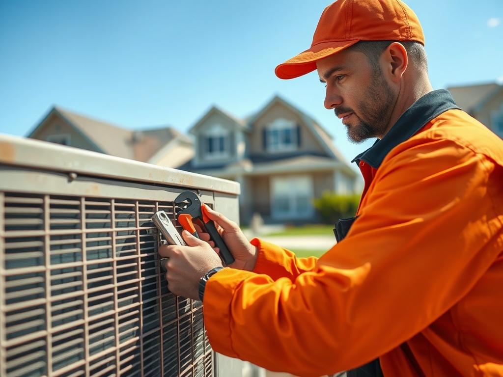 A high-resolution close-up photo of a professional HVAC technician in uniform, focused on servicing an air conditioning unit. The technician is shown inspecting the unit with tools in hand, displaying a confident and skilled demeanor. The background features a well-maintained residential area, subtly showcasing a clear blue sky. The image should have vibrant colors compatible with the rgb(2, 86, 197) primary color scheme.