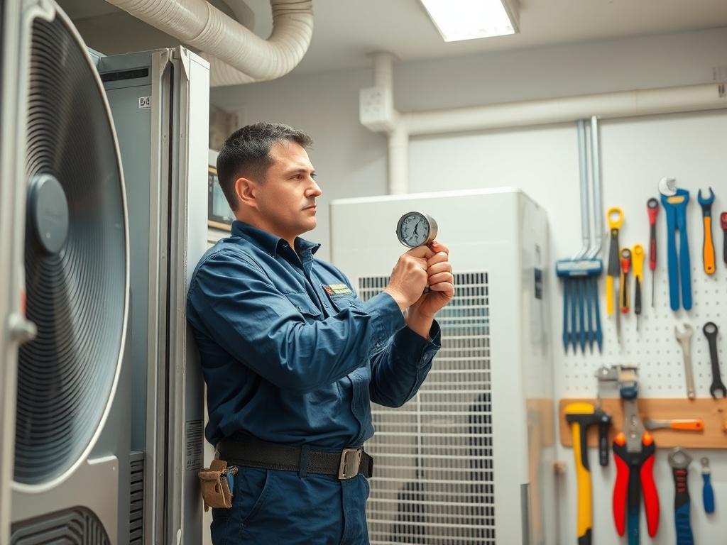 **Prompt for AI Image Generation:**

Create a hyper-realistic, high-resolution image that reflects the essence of HVAC maintenance. The composition should feature a single HVAC technician inspecting a central heating and cooling unit inside a clean, well-lit mechanical room. The technician, dressed in a professional uniform with a tool belt, should be focused on tightening a valve or checking the system's gauges to symbolize essential maintenance work. 

The background should have neatly organized tools and