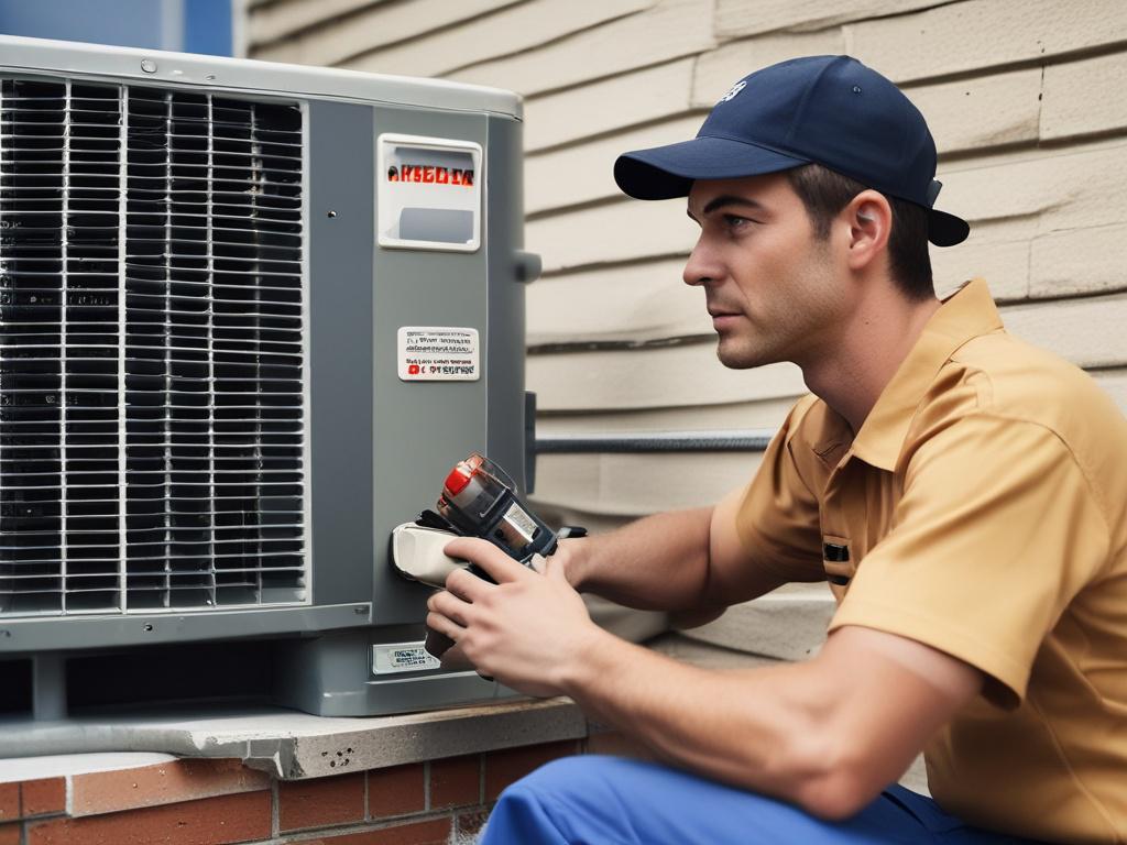 A technician in a uniform, focused on repairing an air conditioning unit in a residential setting. The background shows a well-maintained home environment, with clear blue skies visible through a nearby window. The composition highlights the technician's expertise and the AC unit's intricate details, captured in a hyper-realistic style with a focus on the technician's concentration and the tools being used, shot with a 45mm f/1.2 lens.