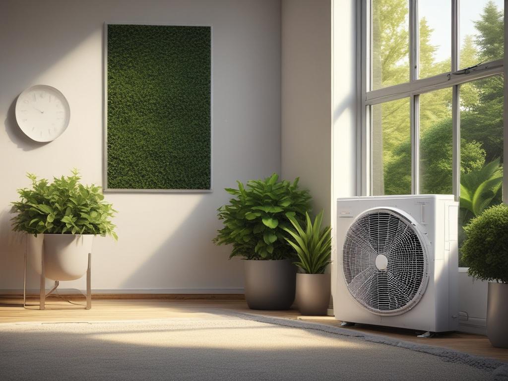 A high-efficiency air conditioner unit installed in a modern home setting. The unit is sleek and stylish, with a contemporary design. The background shows a well-maintained garden and a clear blue sky, emphasizing a refreshing atmosphere. The lighting is bright and natural, highlighting the product's features and making it the focal point of the image.