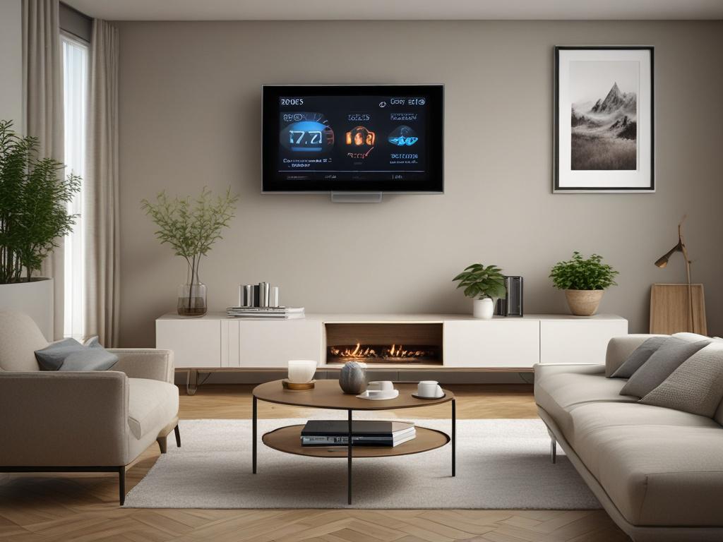 A smart thermostat displayed on a living room wall. The thermostat features a modern, user-friendly interface. The background includes a cozy living room setting with comfortable furniture and warm lighting, highlighting the product's integration into everyday life.