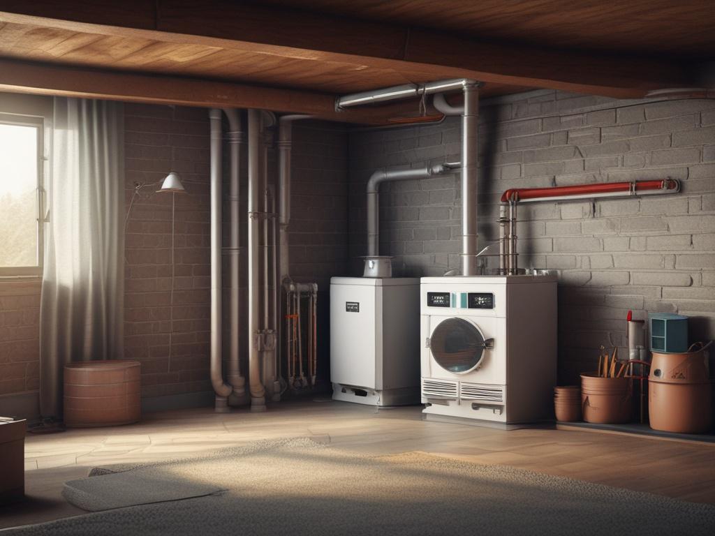 An energy-efficient furnace installed in a home basement. The furnace is modern and compact, showcasing its efficient design. The background features typical basement elements like pipes and insulation, while the lighting is warm and inviting, emphasizing the comfort the furnace provides.
