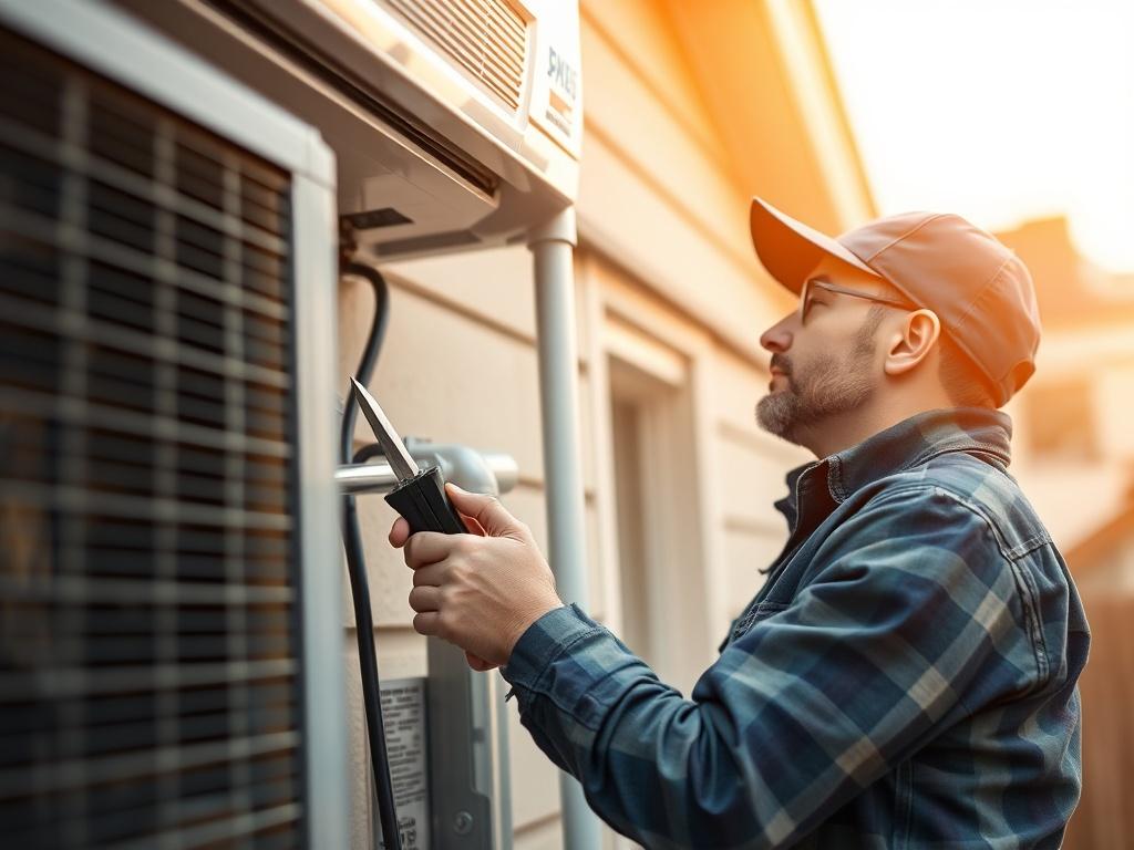 A hyper-realistic close-up shot of a professional HVAC technician working on an air conditioning unit. The technician is shown in action, with tools in hand, focused on ensuring the system is functioning well. The background is softly blurred, showcasing a residential setting with a comforting atmosphere. The lighting is warm, reflecting a sense of care and professionalism.