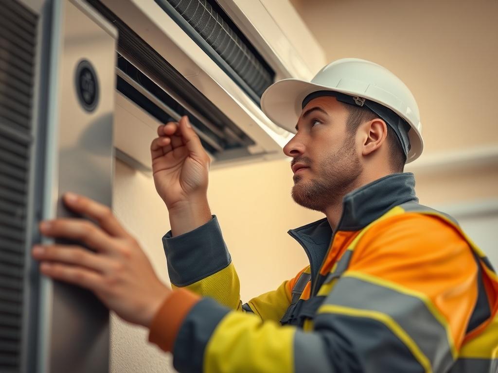 A close-up shot of a skilled technician meticulously inspecting a modern heating and cooling system in a residential setting. The technician wears a professional uniform and safety gear, showcasing expertise and care. The background is softly blurred to emphasize the technician and the HVAC unit, with warm and inviting lighting that highlights the importance of a well-maintained home environment. The overall color tone aligns with the primary blue color (rgb(2, 86, 197)) for a harmonious visual appeal.