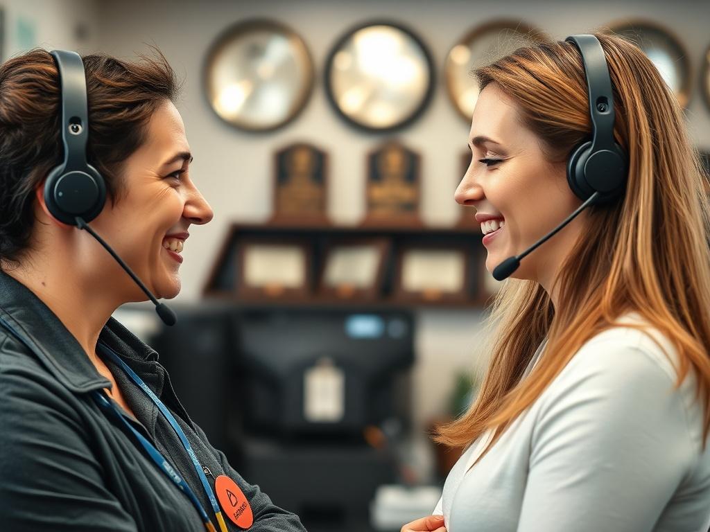 A close-up shot of a smiling customer service representative at Expo Heating and Cooling Inc, engaging with a customer in a welcoming office environment. The representative is attentive and friendly, showcasing the company's commitment to customer care. The background features awards displayed, highlighting the company’s achievements in service excellence.