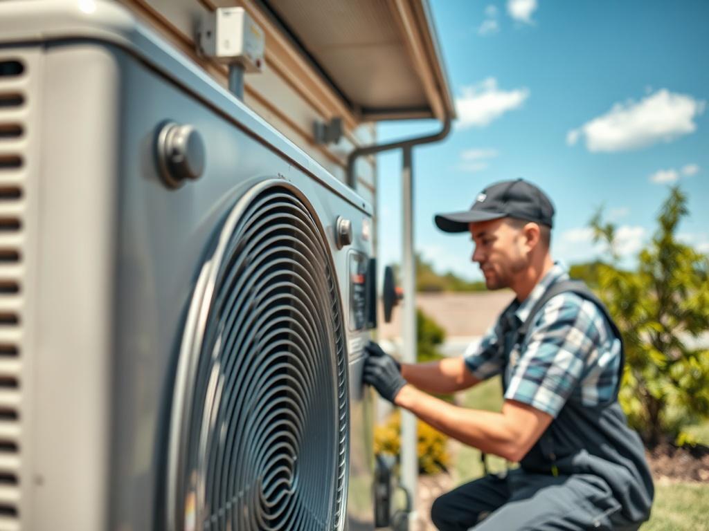 A close-up shot of an air conditioning unit being serviced by a professional technician outdoors. The technician is engaged in their work, focused on ensuring optimal performance. In the background, a sunny day and well-maintained landscape emphasize the importance of cooling solutions in warm weather.