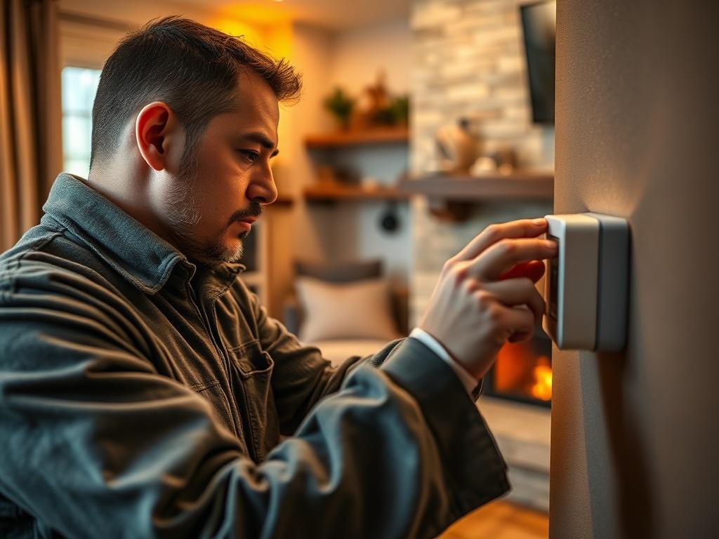 A close-up shot of a technician adjusting a thermostat in a cozy living room setting. The technician is focused and professional, showcasing a warm atmosphere. The background features a fireplace and comfortable furniture, emphasizing home comfort. The lighting is warm and inviting, highlighting the technician's expertise and dedication to service.
