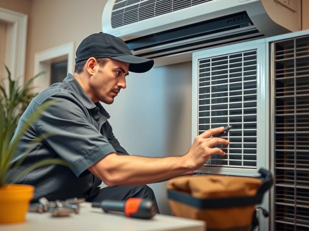 Create a hyper-realistic image of a licensed HVAC technician working on an air conditioning unit in a residential setting. The technician is focused on the task, wearing professional attire, and tools are neatly organized nearby. The background should reflect a well-maintained home, showcasing a comfortable and inviting atmosphere. The image should be captured in a close-up shot with a 45mm f/1.2 lens style, emphasizing the technician's attention to detail and professionalism.