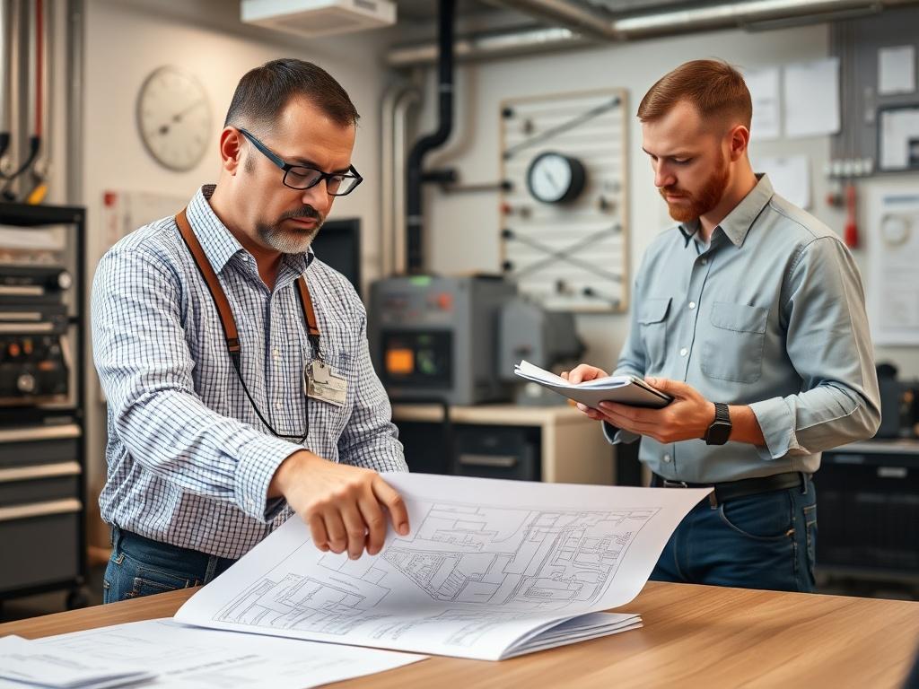 Create a hyper-realistic image of a mechanical engineer discussing HVAC plans with a technician in a modern office setting. The engineer is pointing at a detailed blueprint, while the technician takes notes. The background should include technical equipment and diagrams, showcasing a professional environment. Capture this moment in a close-up shot with a 45mm f/1.2 lens style.