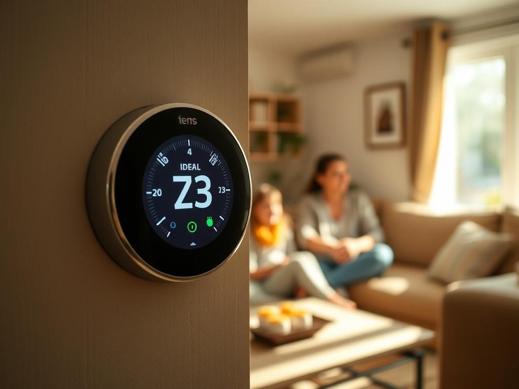 Generate a hyper-realistic image of a cozy living room with a visible thermostat displaying an ideal temperature. The scene should radiate warmth and comfort, with sunlight streaming through a window, highlighting a family enjoying their time together. The focus should be on the thermostat and the warm ambiance of the room, captured with a close-up shot using a 45mm f/1.2 lens style.