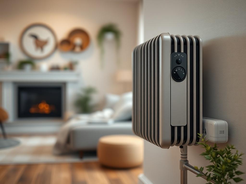 A high-resolution close-up image of a modern heating system, highlighting its intricate details and design. The background should be a cozy living room setting, softly lit to create a warm atmosphere. The focus is on the heating unit, with blurred elements in the background to enhance the prominence of the system.