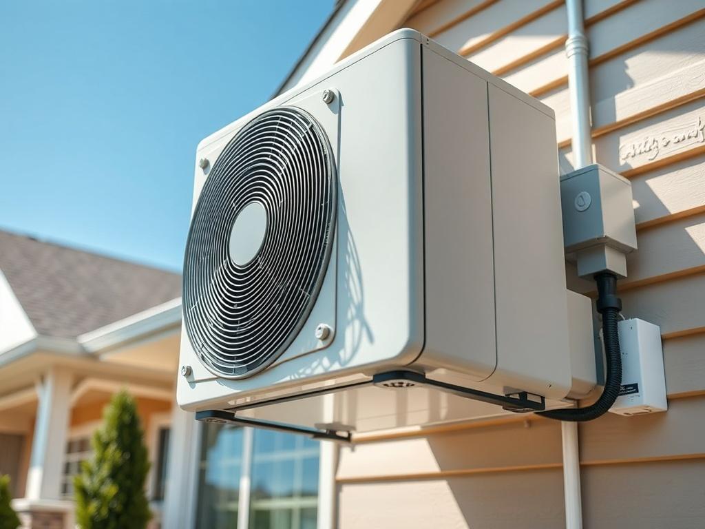 A close-up shot of a modern, energy-efficient HVAC unit installed in a residential setting, showcasing its sleek design and functionality. The background should feature a well-maintained home exterior with a clear blue sky, emphasizing comfort and efficiency. Shot with a 45mm f/1.2 lens style for a hyper-realistic effect.