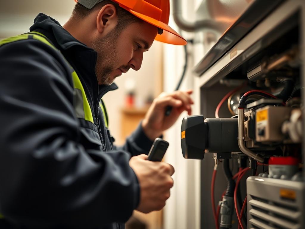 A close-up shot of a licensed HVAC technician inspecting a heating system in a residential home, demonstrating professionalism and expertise. The technician should be wearing a uniform and safety gear, with tools in hand, focusing on the equipment. The background should softly blur to highlight the technician's work. Shot with a 45mm f/1.2 lens style for a hyper-realistic effect.