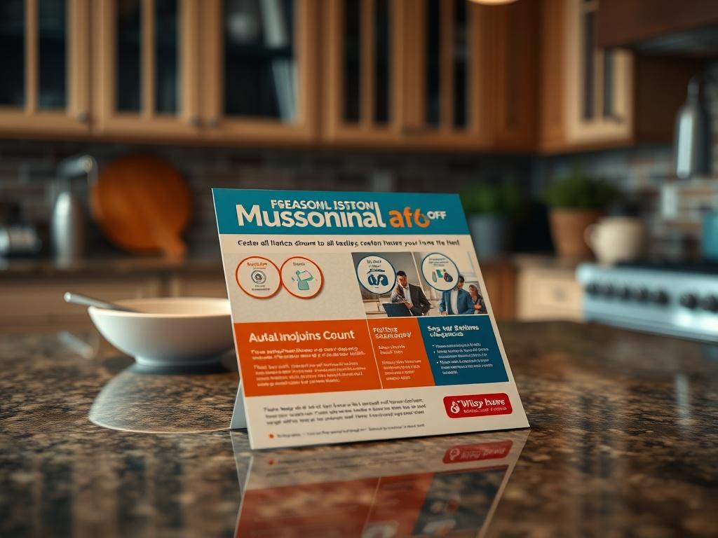 A close-up shot of a promotional flyer featuring seasonal discounts for HVAC services, placed on a kitchen countertop with a warm, inviting home atmosphere. The flyer should showcase clear, attractive graphics and text highlighting the discounts. The background should subtly emphasize a cozy home environment. Shot with a 45mm f/1.2 lens style for a hyper-realistic effect.