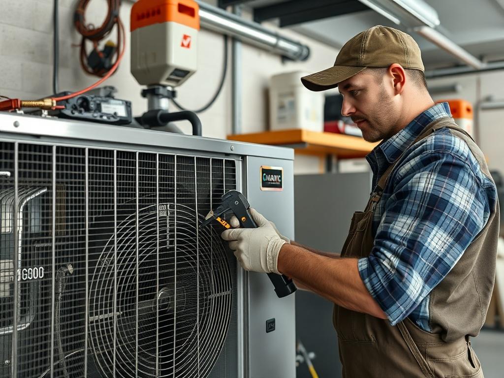An HVAC technician performing maintenance on a heating and cooling unit in a residential garage. The technician is using tools to clean and check the system, symbolizing thoroughness. The background includes shelves with HVAC parts, emphasizing a professional workspace, captured in hyper-realistic detail with a 45mm f/1.2 lens.