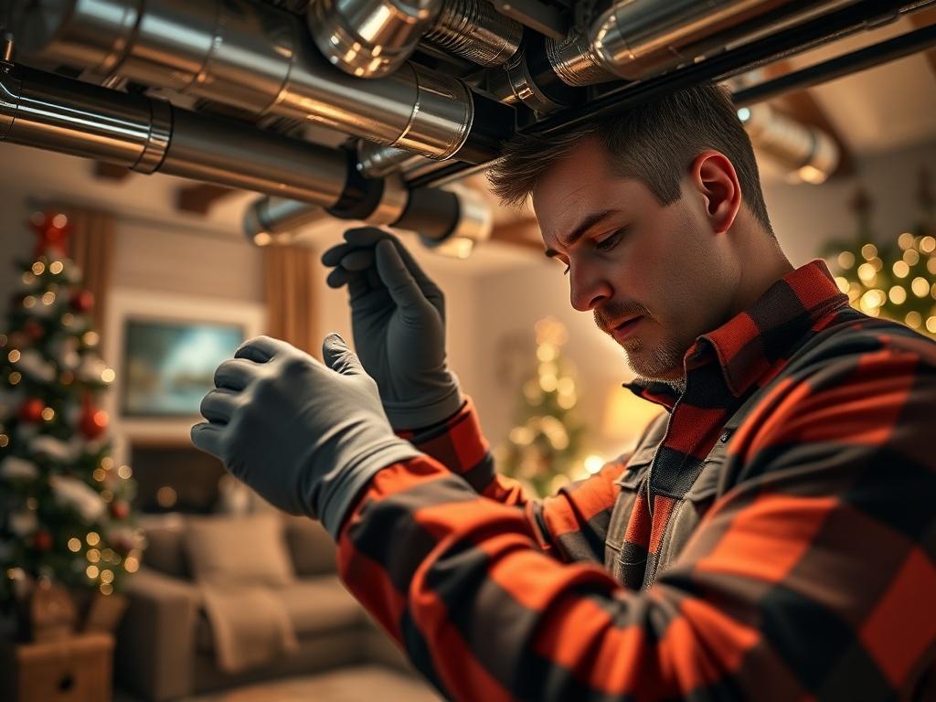 A professional HVAC technician installing a heating system in a residential home. The technician is focused on connecting ducts, demonstrating precision and care. The background features a cozy living room with winter decorations, emphasizing warmth and comfort, shot in hyper-realistic detail with a 45mm f/1.2 lens.