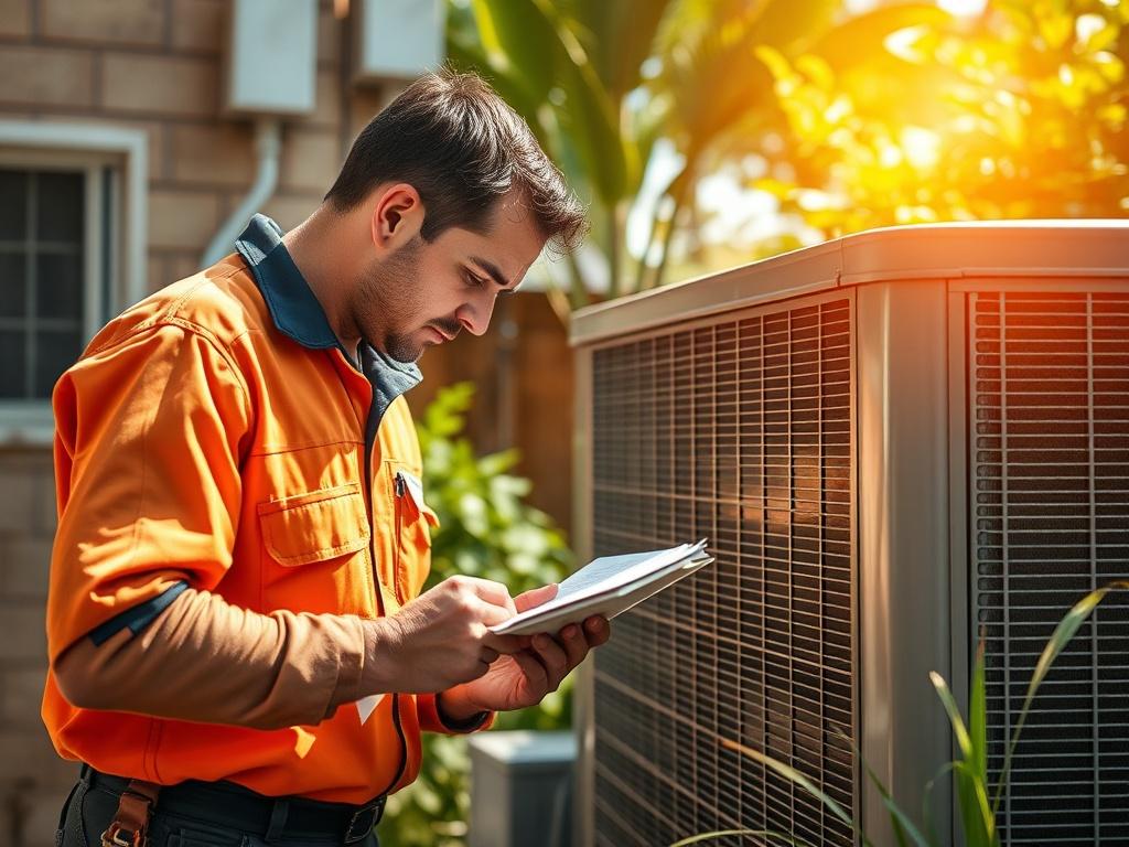 An HVAC technician diagnosing an air conditioning unit in a residential backyard. The technician is carefully inspecting the unit while taking notes, showcasing professionalism. The background features a sunny day with greenery, emphasizing a comfortable outdoor environment, captured in hyper-realistic detail with a 45mm f/1.2 lens.