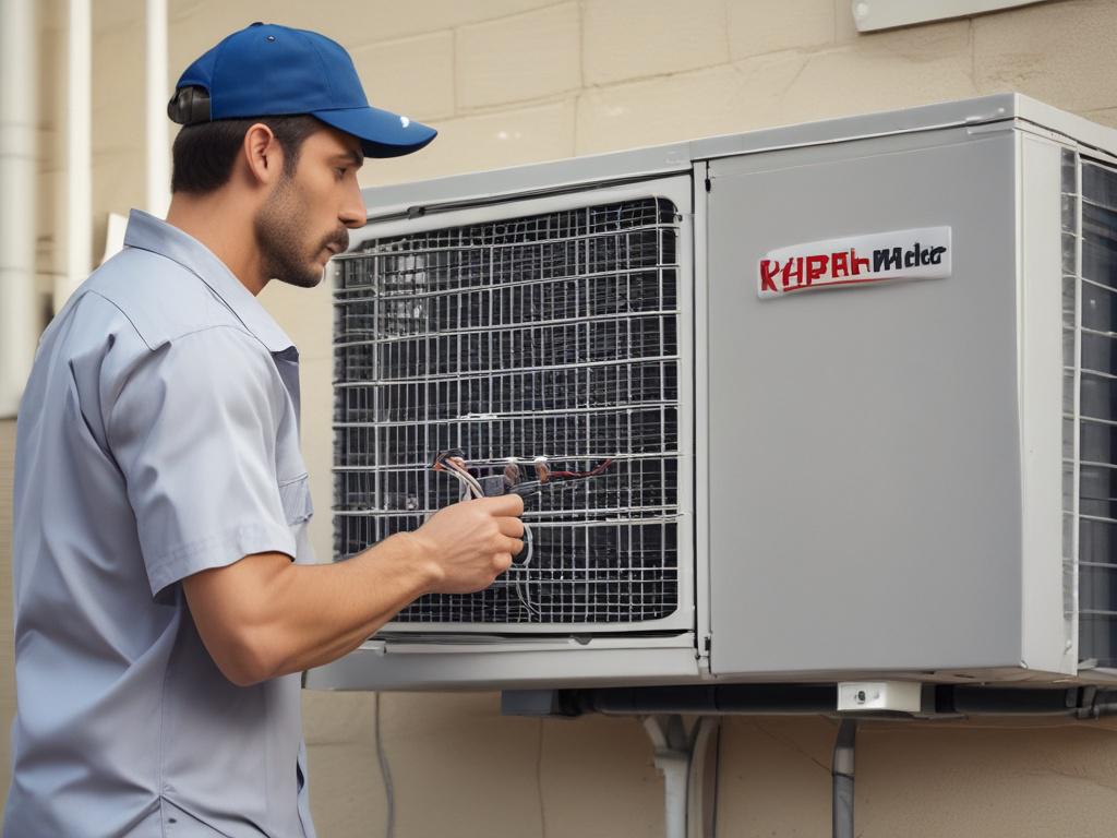 A close-up shot of a professional HVAC technician in uniform, working on an air conditioning unit in a residential setting. The technician is focused on diagnosing an issue, with tools in hand. The background features a well-maintained suburban home, showcasing a clear blue sky and bright sunlight, emphasizing a warm Texas day. The composition is simple and clear, with the technician as the sole subject, rendered in high-resolution and capturing realistic details.