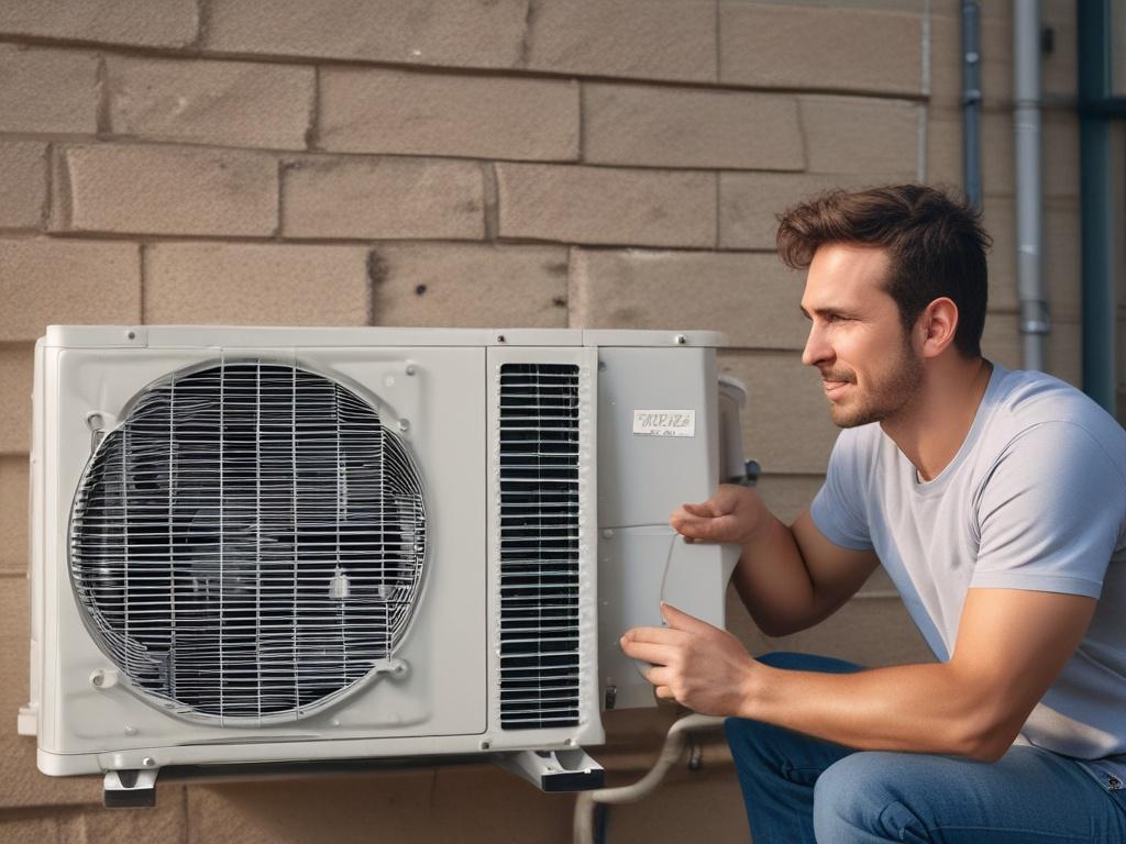 A close-up shot of a professional HVAC technician installing a high-performance air conditioning unit in a residential setting, focusing on the technician's hands as they connect the new system. The background should show a clean and modern home environment, with sunlight streaming in to emphasize the comfort of a well-cooled home. The scene should be rendered in hyper-realistic detail, with a shallow depth of field to highlight the technician and the AC unit, compatible with an rgb(2, 86, 197) color scheme