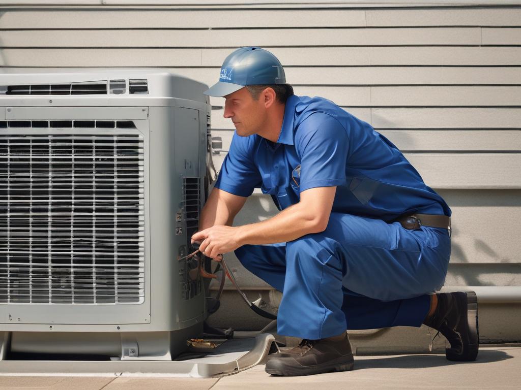 A hyper-realistic close-up shot of a professional HVAC technician inspecting an air conditioning unit in a residential setting. The technician, wearing a clean uniform and safety gear, is focused and engaged with the equipment, showcasing expertise. The background is softly blurred, emphasizing the technician and the AC unit. The lighting is bright and natural, highlighting the details of the technician's tools and the air conditioning unit. The primary color theme aligns with rgb(2, 86, 197), creating a co
