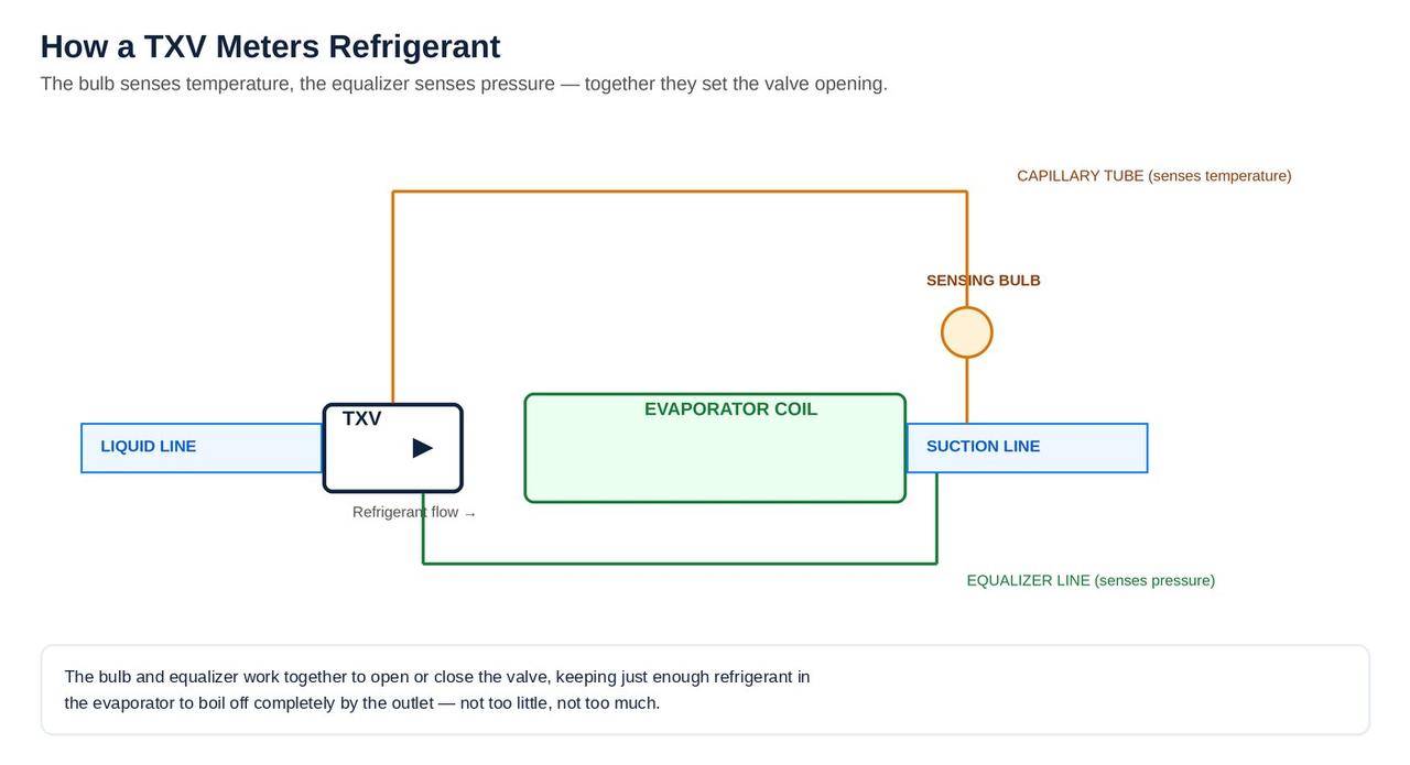 How a TXV meters refrigerant using a sensing bulb and equalizer line