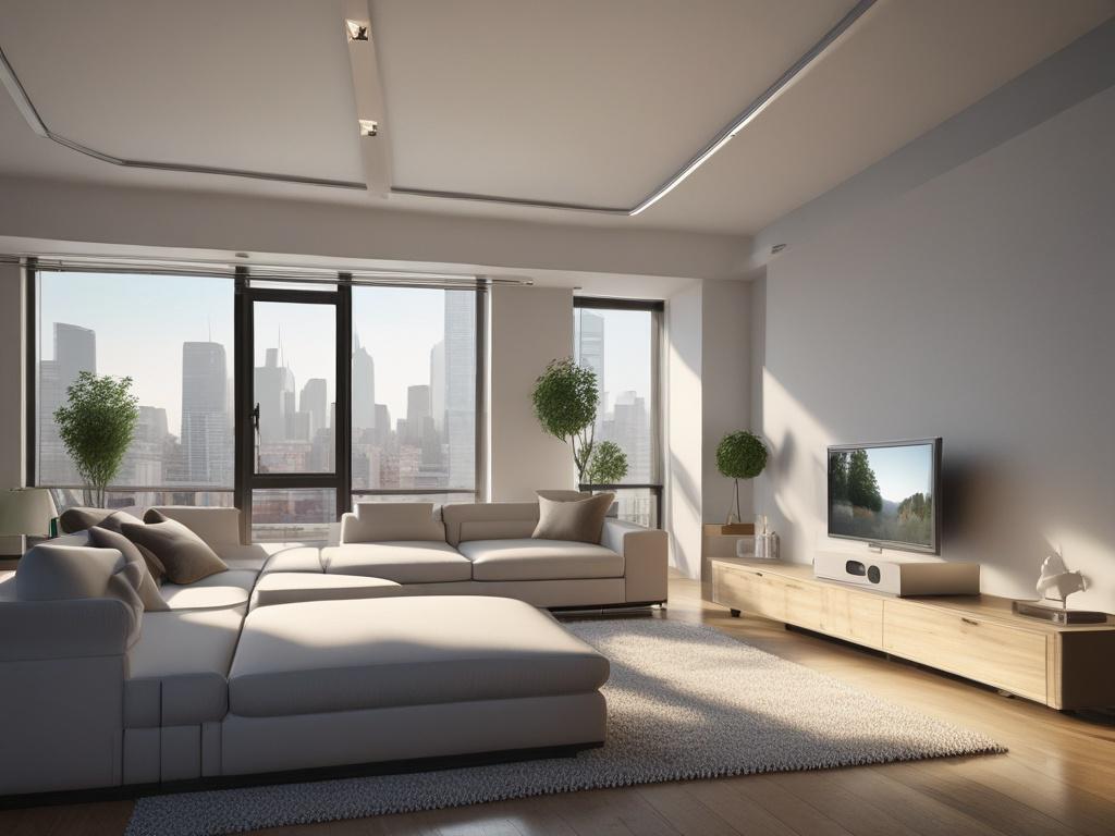 A hyper-realistic close-up shot of an air quality improvement system installed in a contemporary living space, showcasing its sleek design and filtration components. The background should feature a well-lit, inviting interior, with greenery to emphasize freshness and air quality.