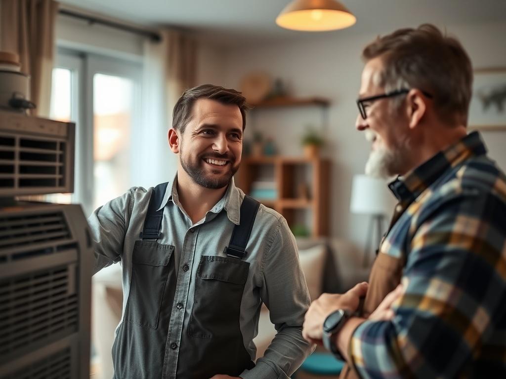 A high-resolution close-up shot of a friendly HVAC technician interacting with a satisfied customer in their living room. The technician, with a warm smile, is discussing the features of a new heating system with the homeowner. The background shows a cozy living area, adorned with personal touches, creating a welcoming environment. The image reflects the company's commitment to customer satisfaction and personalized service, showcasing the professionalism and approachability of Expo Heating and Cooling Inc'