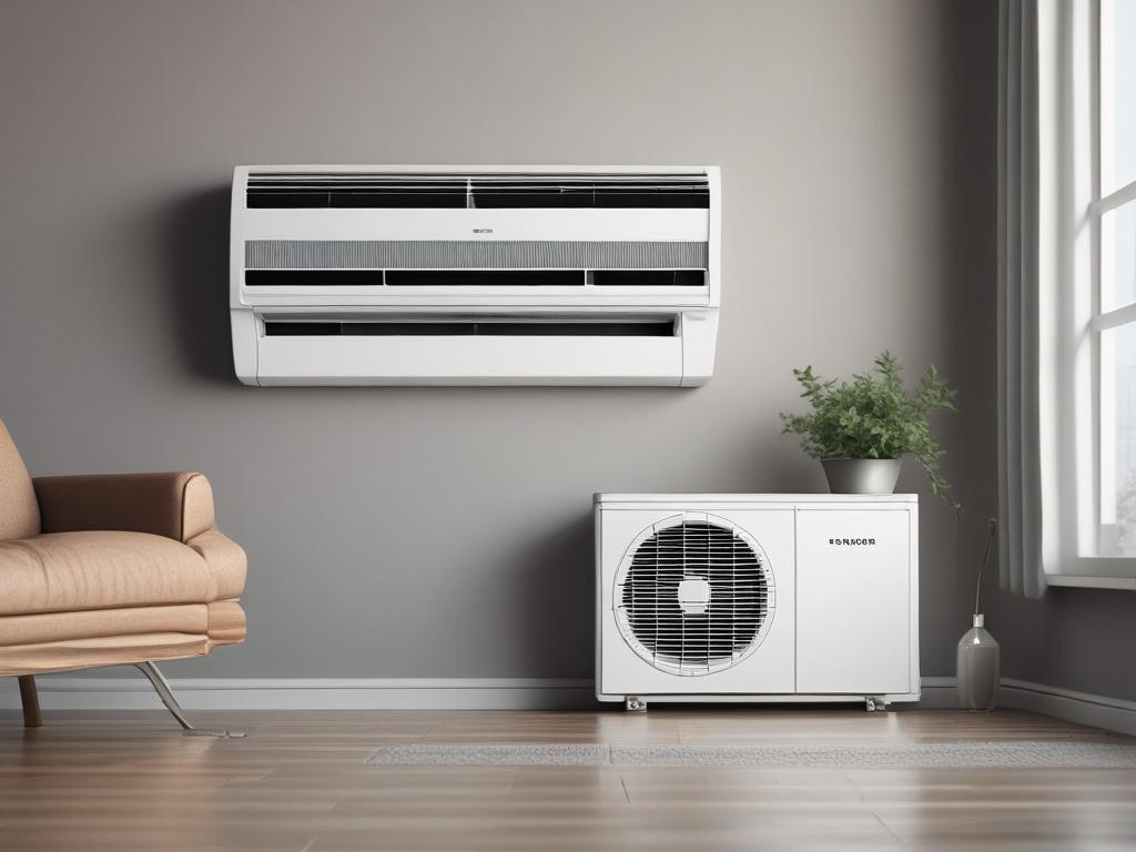 A hyper-realistic close-up shot of a modern energy-efficient air conditioner unit installed in a stylish living room, showcasing its sleek design and cooling vents. The background should be softly blurred, focusing on the unit, with natural light streaming in through a nearby window and highlighting the unit's features.
