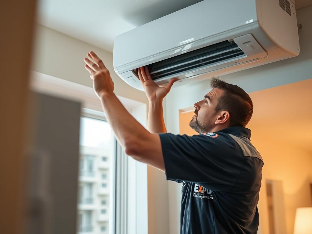 A high-resolution close-up shot of a skilled technician installing an HVAC unit in a residential home. The technician, wearing a uniform with the Expo Heating and Cooling Inc logo, is focused on securely placing the unit. The background features a modern home interior, showcasing clean lines and a bright atmosphere. The image captures the precision and professionalism of the installation process, highlighting the importance of quality work. The overall tone is warm and inviting, emphasizing the comfort prov