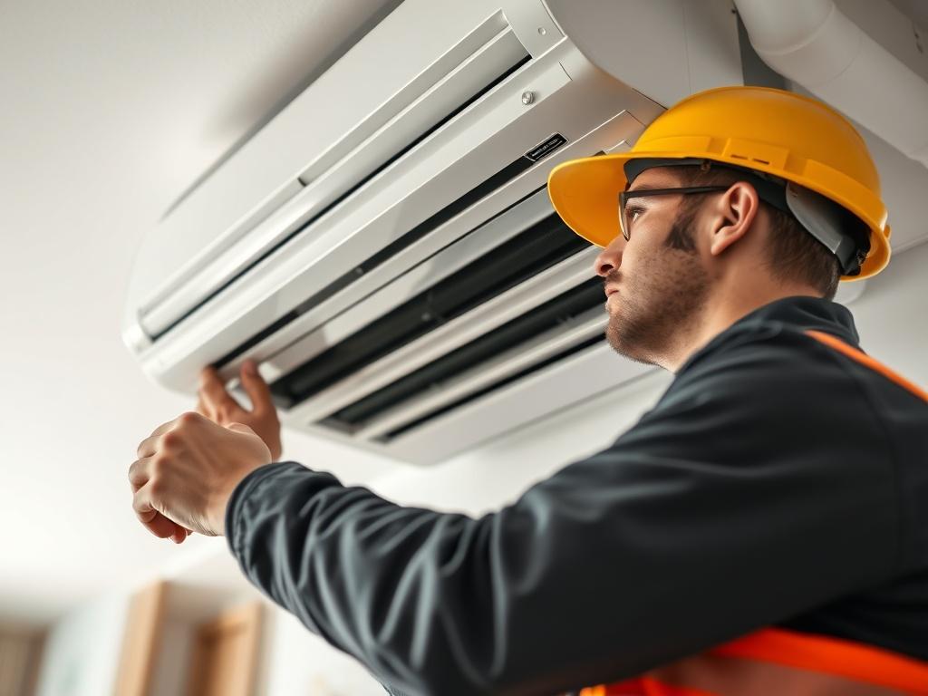 A close-up shot of a skilled technician expertly installing a high-efficiency air conditioning unit indoors. The technician, wearing a uniform and safety gear, is focused on connecting the unit to ductwork. The background displays a modern, clean interior with minimal distractions, emphasizing the professionalism of the installation process. The image is captured in hyper-realistic detail, showcasing the technician's concentration and the quality of the air conditioning unit, with a color palette that inclu