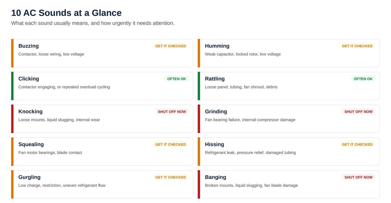 10 AC sounds at a glance with likely causes and urgency levels